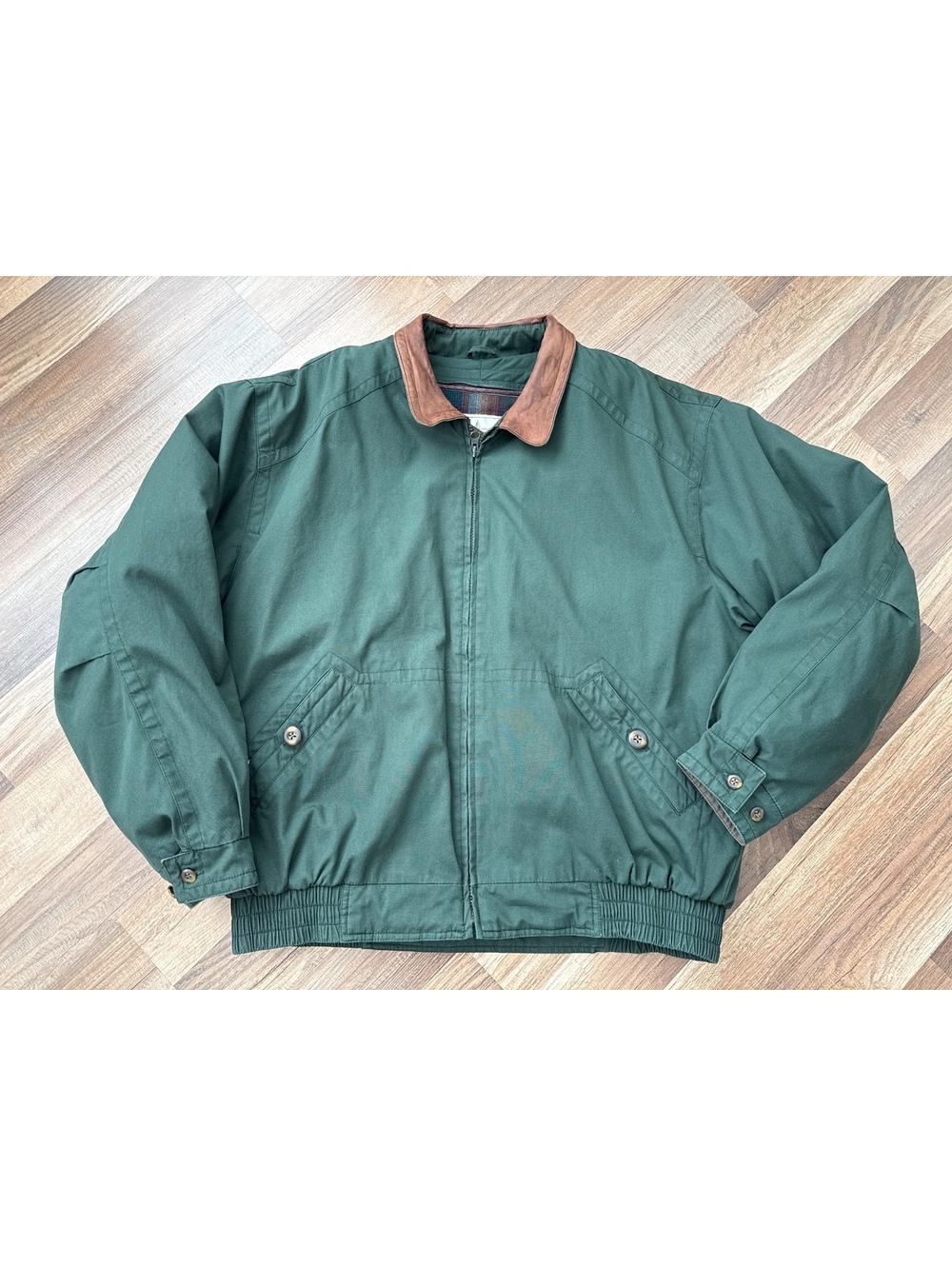 Towne by London Fog Jacket Men's Large Green Harrington Bomber Plaid Lined Coat